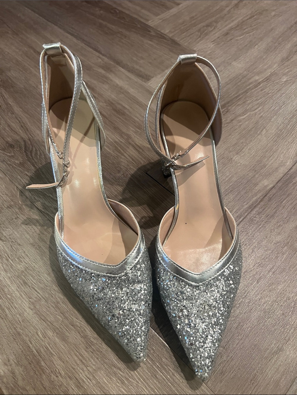 EGO Silver Glitter Pointed Ankle-Strap Heels